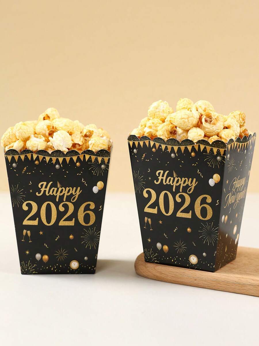 10个装黑色金色新年爆米花盒,烟花气球倒计时时钟设计食品盒,适用于新年派对装饰、厨房餐厅餐桌装饰、2026新年庆祝爆米花杯、家庭电影之夜薯条盒、2026新年装饰品、新年零食饼干盒、纸质食品盒、新年除夕活动礼品包装盒、家居装饰、新年派对礼品、新年礼物、新年派对用品、餐具装饰 - 黑金 - 查看 1