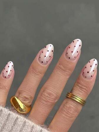 24 Pcs Medium Oval Press-On Nails, Minimalist Style, Nude, Aurora Pink, Coffee, Polka Dots, Sweet, With 1 Piece Of Jelly Glue And 1 Piece Of File, Suitable For Women To Decorate Nails,.Fake Nails , Press On Nails