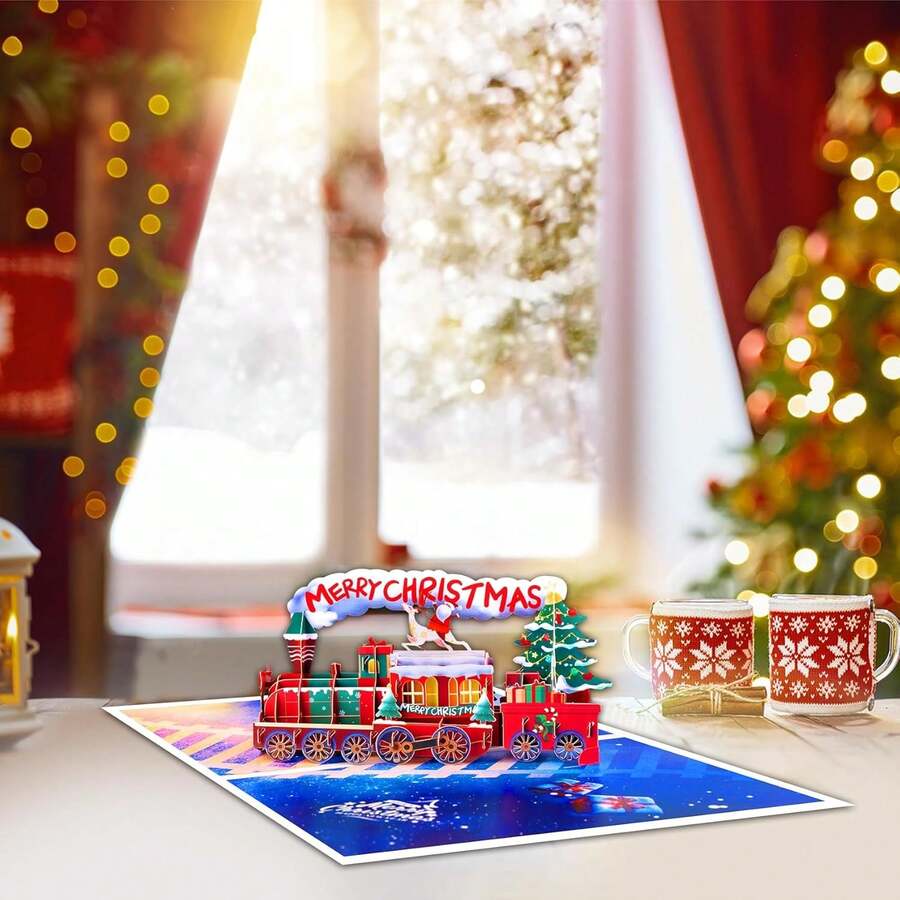 Tarjeta de Navidad con tren pop-up, Tren de sueño de invierno, Navidad o vacaciones, incluye sobre