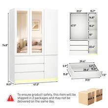 3Doors Armoire Wardrobe Closet With 3 Drawers & Mirror, Modern Wooden Bedroom Armoires With Hanging Rod USB Powered Led Lights For Bedroom - 白色-3門 - 查看 3