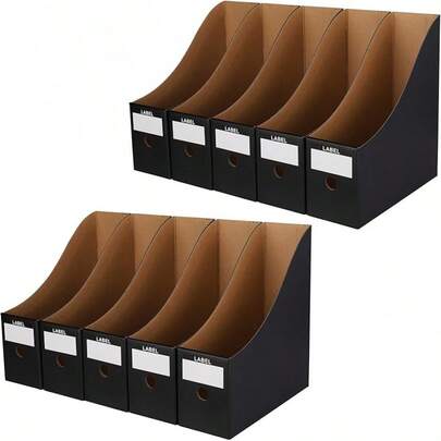 Porte-revues organisateur de bureau, boîte de rangement pour dossiers en carton, présentoir pour catalogues, porte-dossiers pliables format A4 avec étiquettes (Noir 5 pièces)