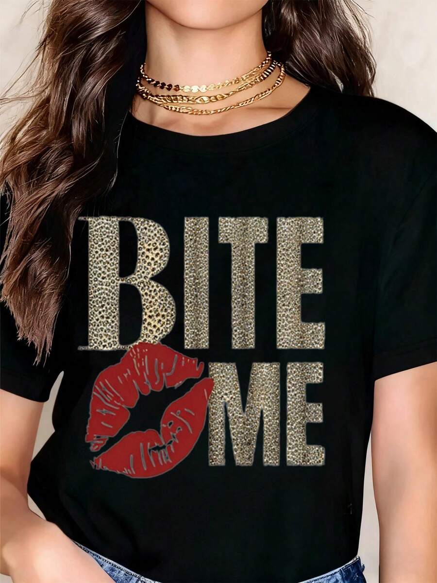 Bite Me Leopard Print T Shirt Women Casual Graphic Tee Top Sexy Red Lips Design Short Sleeve Fashion Statement Shirt - 白色 - 查看 1
