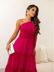 Simple, Elegant, Sexy Party Fabric, Ruffled Hem, Knotted, Pleated, Formal And Evening Wear. - Màu Hoa hồng đỏ - Xem 1