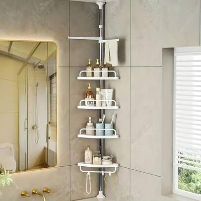 4-layer Corner Shower Rack, Stainless Steel Pull Rod Storage Rack, Height Adjustable To 320 Cm, Suitable for Bathroom and Bathtub Organization, Bathroom Organizer and Storage, Shelf