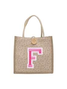 1个刺绣字母图案手提袋，粉色毛巾刺绣花卉印花亚麻手提袋，小巧花卉亚麻纽扣装饰手提袋，简约大容量手提袋，便携休闲收纳手提袋，多功能购物袋，新款设计，大容量 - 彩色 - 查看 25