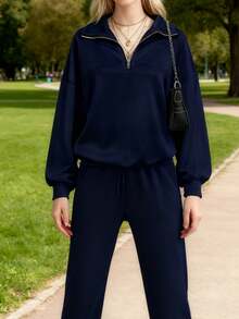 Ladies' New Autumn And Winter Half-Zip Stand-Up Collar Drop Shoulder Sweatshirt With Drawstring Waist Sweatpants Casual Suit - 藍色 - 查看 5
