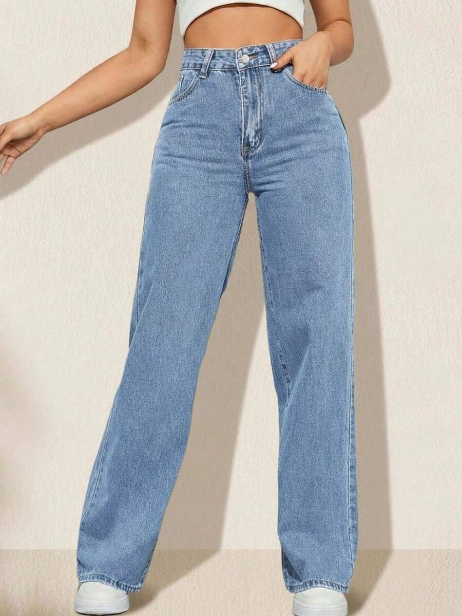 Jeans casuales de pierna recta y ajuste holgado para mujer con bolsillos, jeans rectos de moda, pantalones vaqueros holgados de mezclilla lavada, estilo vintage y casual, pierna ancha y talle alto para uso diario, cómodos, elásticos y aptos para todas las estaciones - Azul - Ver 1