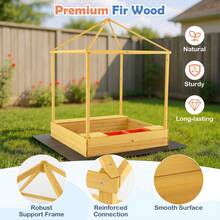 Kids Wooden Sandbox W/ Canopy Sand Pit W/ Windows & Curtains Bench & Storage - 彩色 - 查看 4