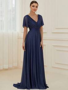 EVERPRETTY Đầm phù dâu màu xanh hải quân thanh lịch, cổ chữ V, tay bồng, đính sequin, thích hợp cho khách dự đám cưới, tiệc tối trang trọng, lễ tốt nghiệp, lễ đón năm mới và các dịp bán trang trọng. - Màu xanh hải quân - Xem 5