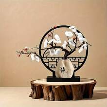 1盆仿真中国梅花盆栽，仿真盆景花卉，逼真室内/室外仿真植物，包含1束仿真梅花、陶瓷石花瓶、中式屏风底座，适用于餐桌、办公桌、花园 - 彩色 - 查看 3
