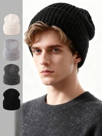 1顶男士帽子，秋冬季加厚保暖针织帽，带护耳设计，时尚百搭，适合日常出行佩戴