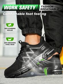 男士安全鞋，钢头运动鞋，防砸工作鞋，黑灰/宝蓝色轻便钢头安全靴，防砸防刺徒步鞋，建筑工业仓库防护低帮鞋，男女通用 - 黑灰色 - 查看 10