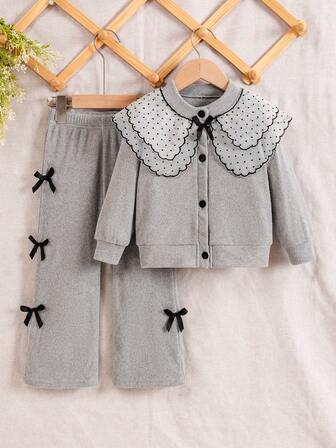 Girls Elegant White Set, Knitted Cardigan With Mesh Polka Dot Oversized Collar Design, Paired With Black Bow Accent, Matching Wide-Leg Pants With Small Black Bow, Minimalist Yet Sweet, Suitable For Family Gatherings Or Art Classes, Autumn/Winter