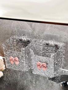 2pcs Transparent Desktop Organizer Box With Decorative Pink Bowknot,Clear Acrylic Desk Organizer,Bathroom Storage Box Toothbrush And Toothpaste Box,Desktop Pen Holder,Clear Acrylic Desktop Organizer,Luxurious Rattan Textured Desktop Storage Box,Multifunctional Organizer Rack,Pen Holder And Storage Case, Ideal For Back-To-School Supplies, Office, Dormitory,And Desk Essentials,1pc