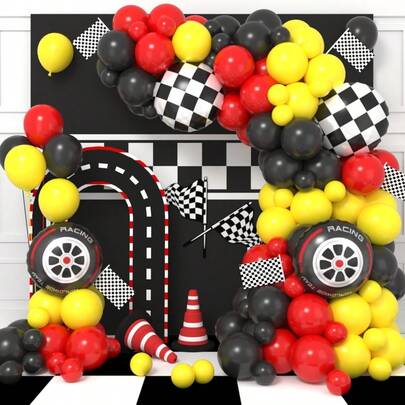 111pcs Racing Balloon Arch Set. Comes With Black And White Checkered Patterns, Hub Foil. Suitable For Race Car Themed Birthday Parties, Balloon Racing Decorations, Baby Showers, Cars, Monster Truck Parties, Truck Parties, Photo Props. No Electricity Needed.