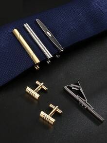 Xiacheng Tie Clip Cufflinks Set For Men Necktie Tie Bar Clips Business Shirts Tuxedo Wedding Gift With Box Silver-Tone Gold-Tone Black - Multicolor - View 4