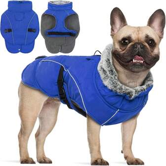 1 pieza Chaqueta para perro para clima frío, Abrigo de perro con cuello de piel para invierno, Chaleco cálido y a prueba de viento para mascotas con tiras reflectantes y agujeros de cuero, Adecuado para perros medianos y pequeños, Azul