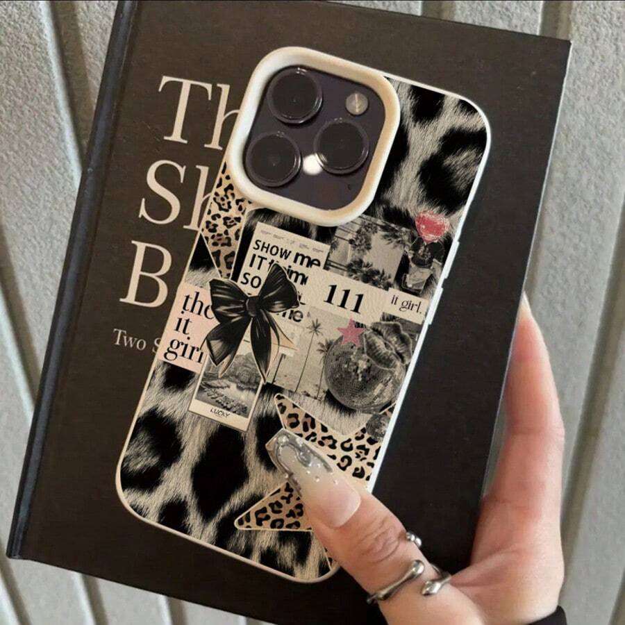 1pc Vintage Chic TPU Material Star & Leopard Print Patchwork Pattern Phone Case Compatible With IPhone 17 Pro Max/17/16 Pro Max/15/13/12/11, S20 FE/A15/S24/A55, Compatible With Redmi Note 11/12/13 Pro, Full Body Shockproof Soft Protective Cover,International Version, Not The Domestic Version - White - View 1
