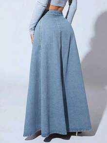 女士中长款无弹力牛仔裙，休闲中长款牛仔裙 春季 - 中等水洗藍 - 查看 4
