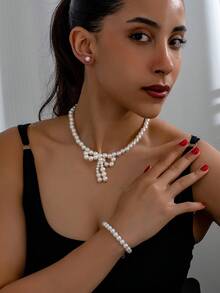 5pcs Fashionable Versatile Elegant Pearl Necklace, Earrings, Ring, Bracelet Jewelry Set, Women's Pearl Jewelry Set, Suitable For Wedding, Daily Wear, Best Gift - White - View 19