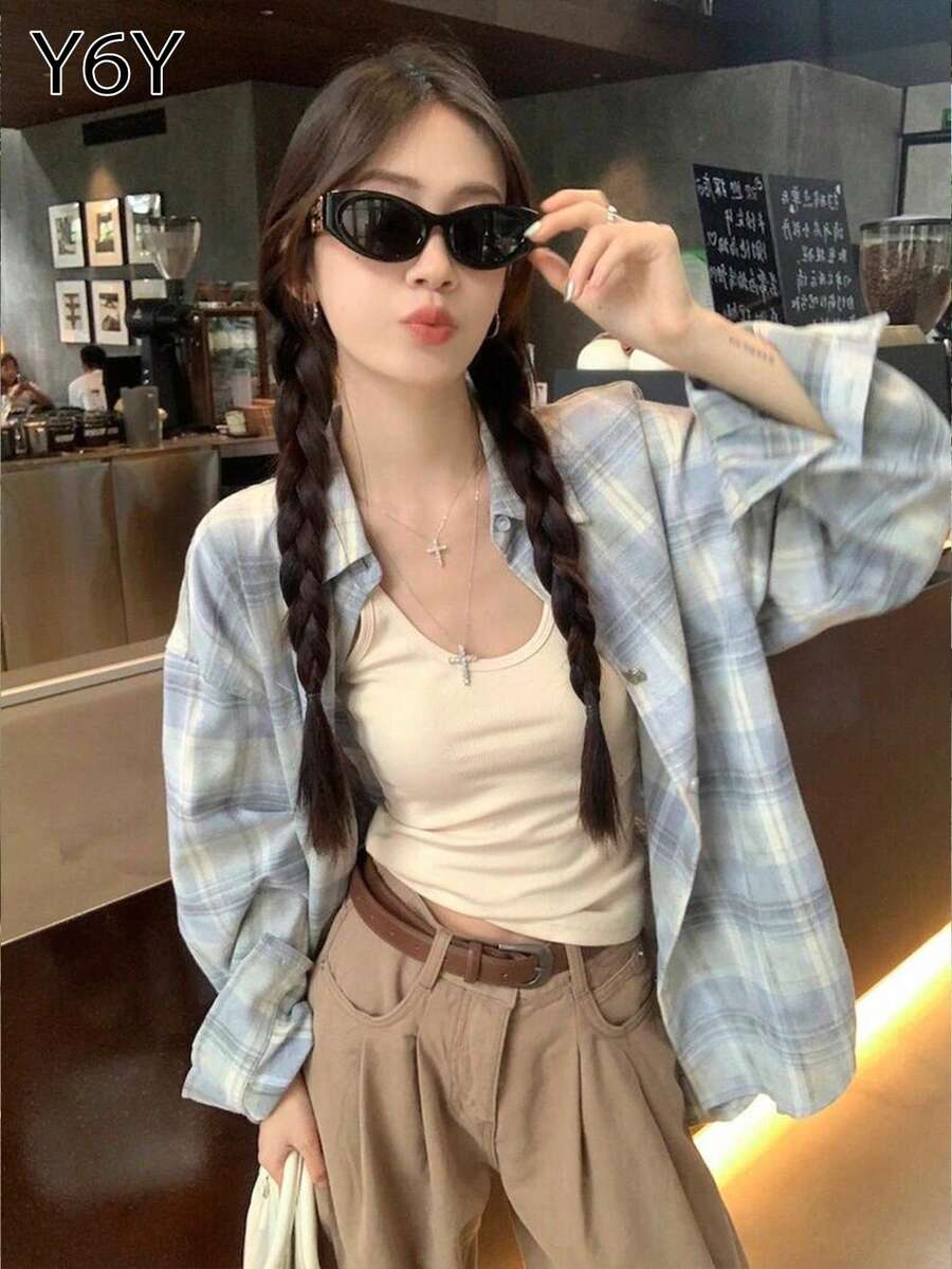 Y6Y 2026 新款格紋襯衫上衣 秋冬女款輕便開襟長袖襯衫 - 藍色 - 查看 1