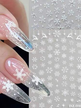 White & Laser Silver Snowflake Nail Art Stickers - Self-Adhesive Winter Theme Nail Art Decals, S Christmas Crystal Diamond Snowflake Reindeer Star Diamond Stickers With 3D Snowflake Patterns, Laser Cutting Technology