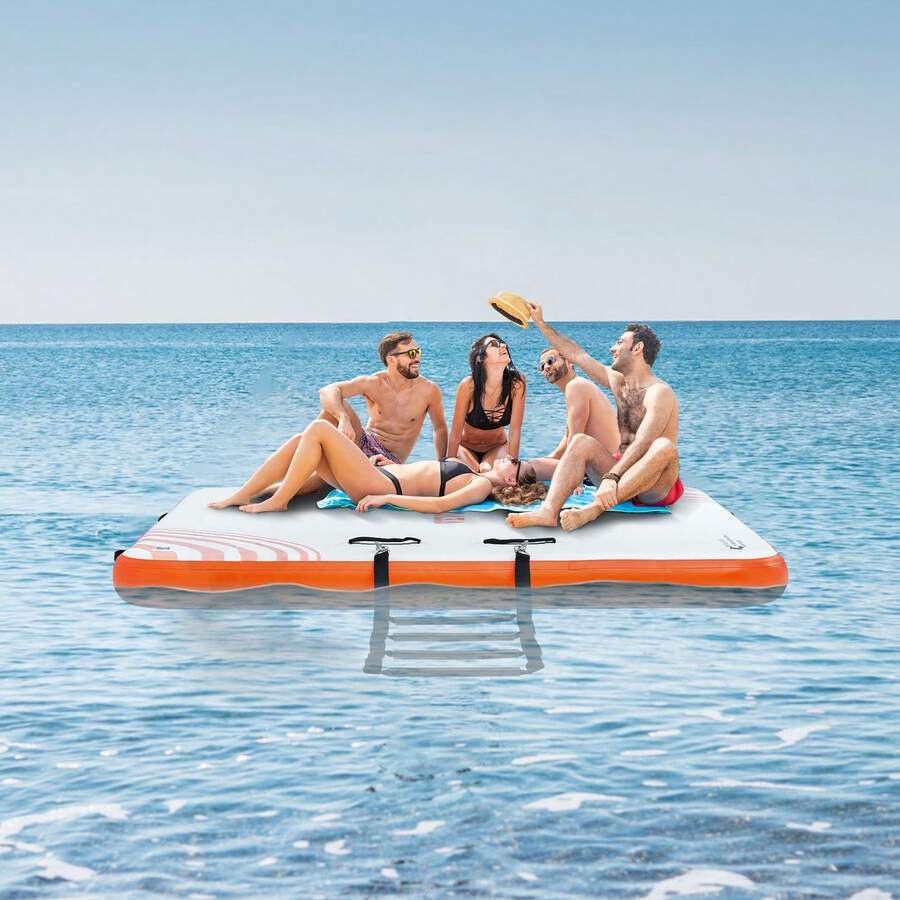 Inflatable Floating Dock, 8 X 5FT Inflatable Dock Platform, Non-Slip Water Floating Dock Mat With Portable Carrying Bag & Detachable Ladder, Floating Platform Island Raft For Pool Beach Ocean - 白+橘色 - 查看 1