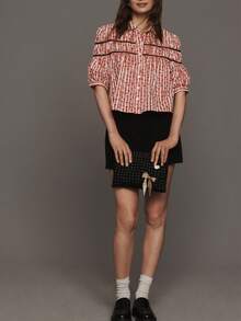Women Puff Sleeve Cute Floral Graphic Shirred Peplum Blouse Crop Top Y2k Front Button Down Flowy Vintage Babydoll T-Shirts - 紅色 - 查看 3