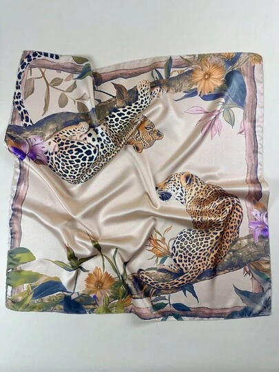 1件装女士豹纹花卉印花优雅缎面围巾，可作领巾、头巾或配饰搭配连衣裙