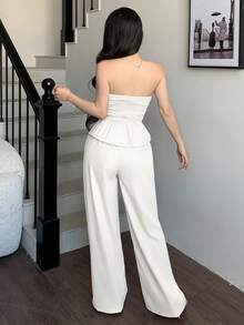 abyoxi 两件套：白色荷叶边吊带背心搭配阔腿裤，时尚优雅，适合办公室、通勤、复古风、社交场合、派对、约会、情人节、春夏穿着。 - 白色 - 查看 2