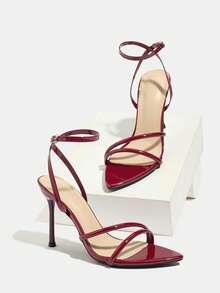 Women's High Heel Sandals, Suitable For Spring/Summer Night Parties, Gatherings, Outdoor Events, Runway Shows, Banquets. Featuring Pointed Toe, Shiny Finish, Ankle Strap, Soft And Skin-Friendly Mirror Material, Elegant And Fashionable Design In Wine Red Color, Ideal For Commuting And Pairing With Autumn Women's Outfits. - Burgundy - View 6
