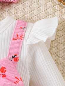 1 pieza Mono de manga larga blanco lindo y dulce para bebé niña con detalles en rosa, otoño/invierno