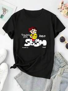 Camiseta Casual de Manga Corta para Mujeres, Personajes de Dibujos Animados y Estampado de Letras Grandes, Cuello Redondo, Tejido de Estiramiento Medio, Lavable a Máquina, Cómoda para Todas las Estaciones, Ropa de Verano, Material No Transparente - Negro - Ver 2