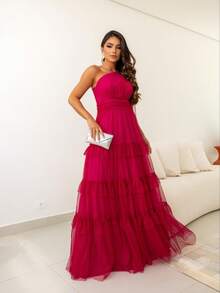 Simple, Elegant, Sexy Party Fabric, Ruffled Hem, Knotted, Pleated, Formal And Evening Wear. - Màu Hoa hồng đỏ - Xem 3