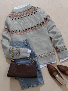 Women's Fall And Winter Casual Loose Retro Fair Isle Pattern Round Neck Long Sleeve Woolen Pullover - Grey - View 4