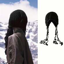 1pc Autumn Winter New Versatile Tassel Strap Knitted Beanie, Thickened Warm Hat For Cycling/Running Outdoor Sports And Daily Use, Essential Photo Prop Gift Christmas Halloween Present - Multicolor - View 15