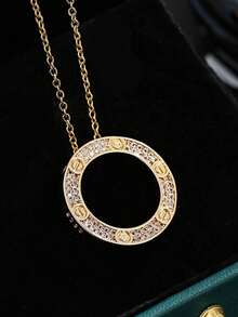1pc European & American Style Fashionable Round Zirconia Copper Necklace For Women, Creative & Elegant Design - Vàng - Xem 3