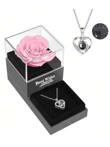 1件套人造玫瑰礼盒及项链套装，100种语言“我爱你”项链及永生玫瑰花礼品，适合母亲节、情人节、周年纪念日、生日等场合，送给女士、母亲、妻子和女友。
