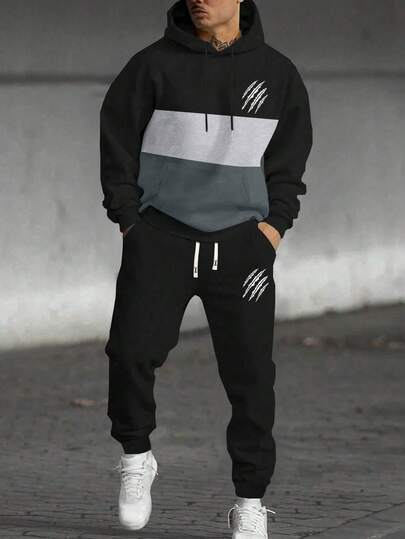 2-Piece Men's Fall/Winter New Arrival Long-Sleeve Hoodie With Three-Panel Patch And Print, Elastic Waist Drawstring Pants Casual Sports Travel Vacation Fitness Running Set