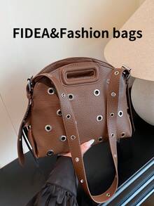 New Fashion Women's Oblique Shoulder Bag, Solid Color Minimalist Tassel High-End PU Rivet Hollow Out Decor Chic Elegant, Can Be Worn As Shoulder Or Handbag, Suitable For Dating, Shopping, Versatile And Exquisite