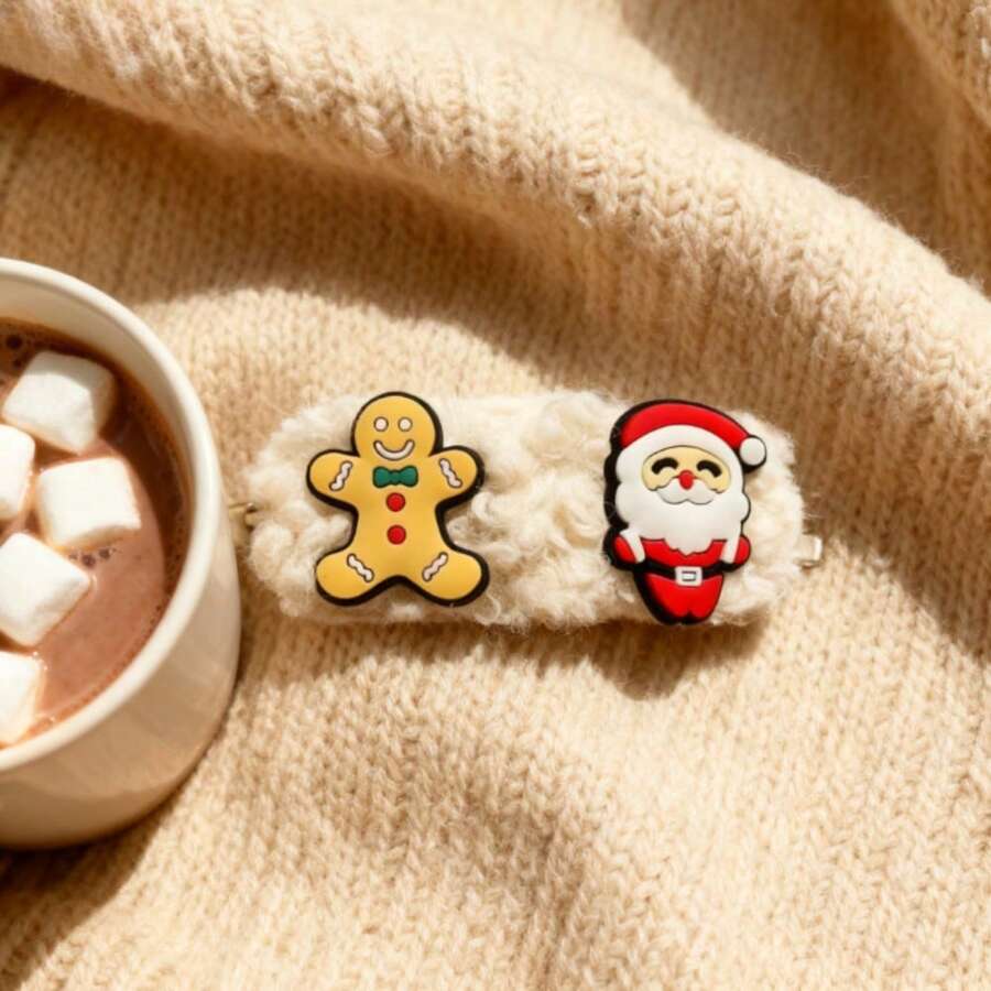 Festive Lamb Hair Clips - Plush Animal Design For Girls & Women, Christmas Hair Accessories - 薑餅人+聖誕老人 - 查看 1