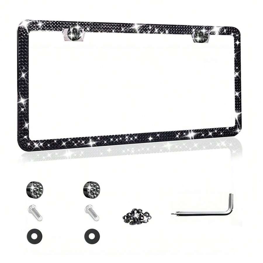1PCS/2PCS Marco de matrícula de acero inoxidable con brillo de diamante, decoración de coche para damas, viene con un kit de fácil instalación y una pegatina para el botón de inicio, para coche y SUV, estándar de matrícula estadounidense, accesorio de moda, decoración elegante para coche, cumpleaños, regalo de vacaciones - Negro 1 pieza - Ver 1
