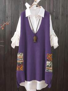 Vestido de punto con cuello en V, bolsillo y estampado aleatorio para tallas grandes - Morado - Ver 1