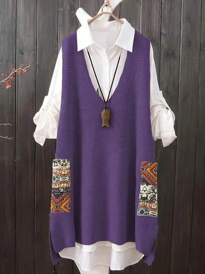 Plus Size Casual V-Neck Random Print Pocket Knit Sweater Dress