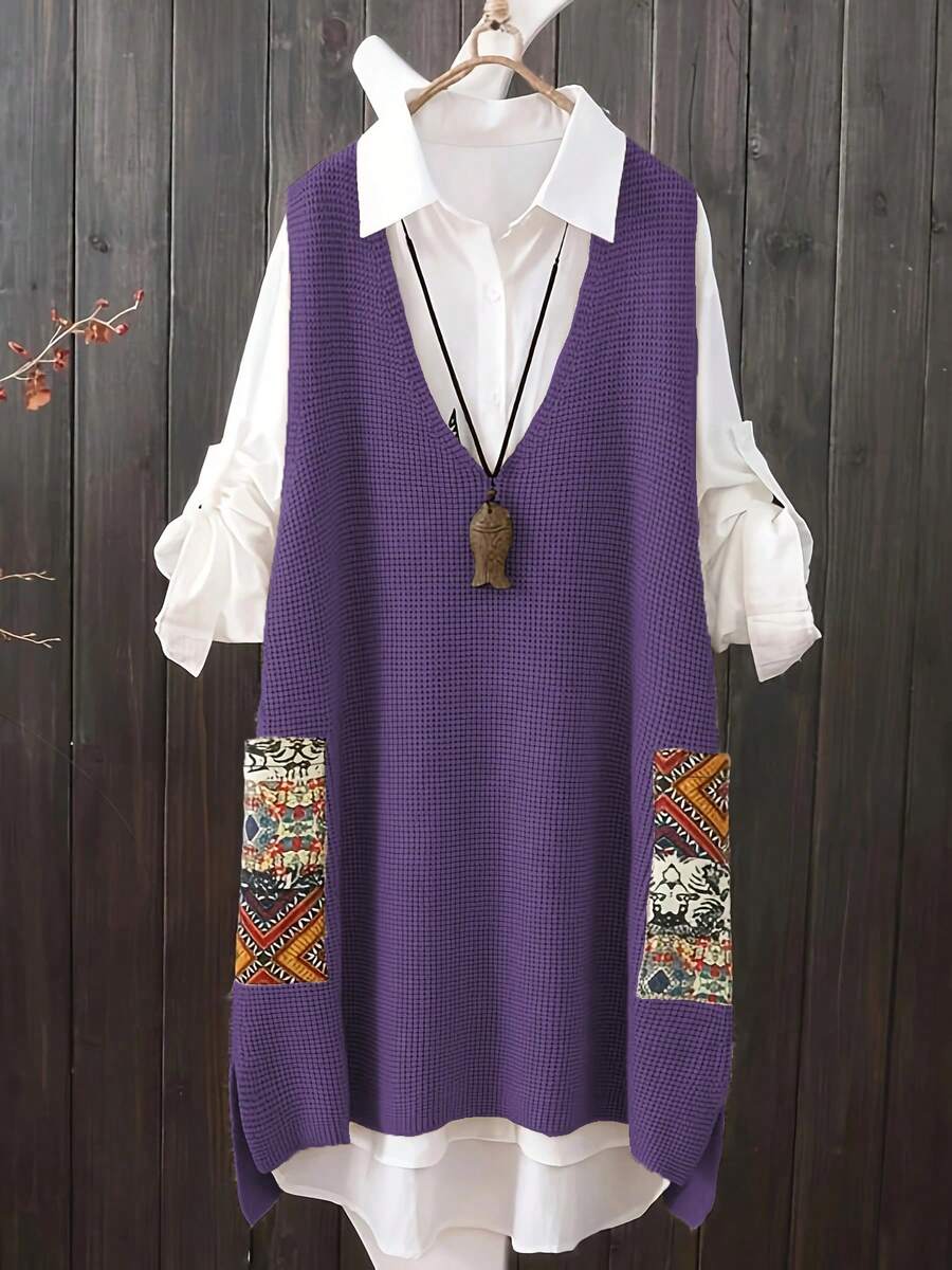 Vestido de punto con cuello en V, bolsillo y estampado aleatorio para tallas grandes - Morado - Ver 1
