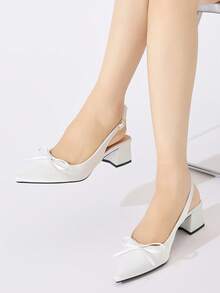 Giày cao gót hở mũi, mũi kín, hở gót, có nơ trang trí cho nữ, giày cao gót đế thô thoải mái, phù hợp cho trang phục hàng ngày, tiệc tùng, đám cưới, những dịp trang trọng, thích hợp cho mùa thu/đông, màu trắng - trắng - Xem 3