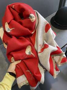 二合一红色小鸟印花围巾，女士保暖百搭披肩/围巾，长款加厚，适合冬季，韩式风格，可搭配连衣裙 - 紅色 - 查看 1