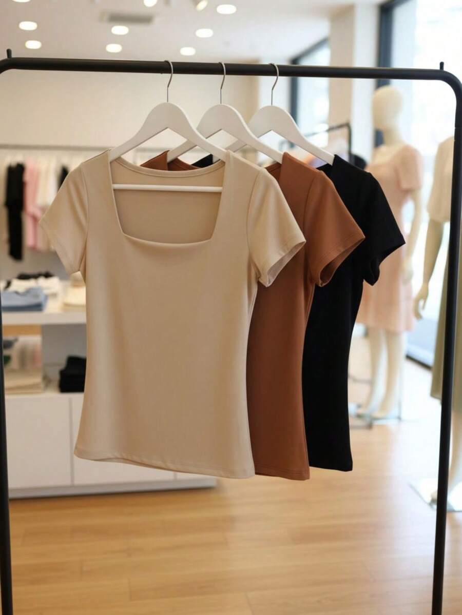 Set Of 3 Women's Baby Look Blouses With Square Neckline, Short Sleeves, Basic Shaping, Versatile, Casual Fashion, No Transparency, Fabric With Elastane, , Blogger Style, Affordable - BEIGE-bLACK-cOFFEE - View 1