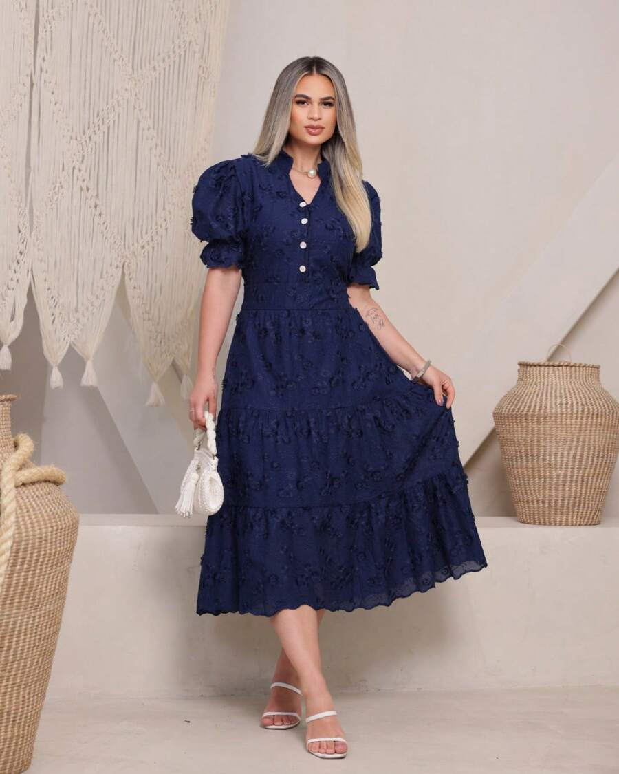 Women's Midi Dress With Embroidered Lace, All-Over Print, Embroidery, Button Detail, Ruffle Detail, Gathered Detail, Suitable For Formal And Evening Wear. - Navy Blue 3d - View 1