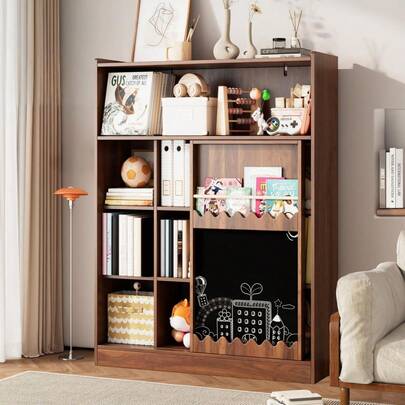 Multifunctional Bookcase 120x38.5x151.5 Cm, 9 Open Compartments With Erasable Board, Sliding Doors And Large Storage Capacity, Walnut Finish